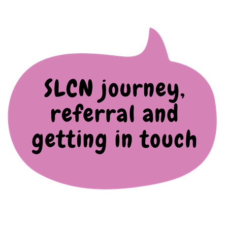 An Illustration featuring a speech bubble. Text reads SLCN journey referral and getting in touch