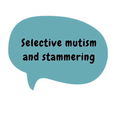 An Illustration featuring a speech bubble. Text reads selective mutism and stammering