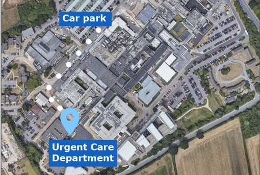 An aerial view of the location of the Urgent Care Department and the car park
