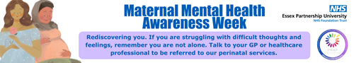 maternal mental health awareness week text with a drawing of two pregnant women