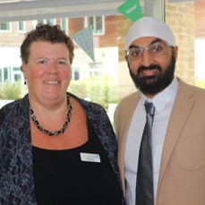 Photo of CEO, Sally Morris and cricketer Monty Panesar