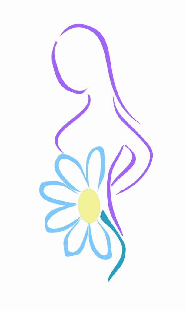 Birthing alongside fear logo. Silhouette of a woman with a flower representing a pregnant tummy.