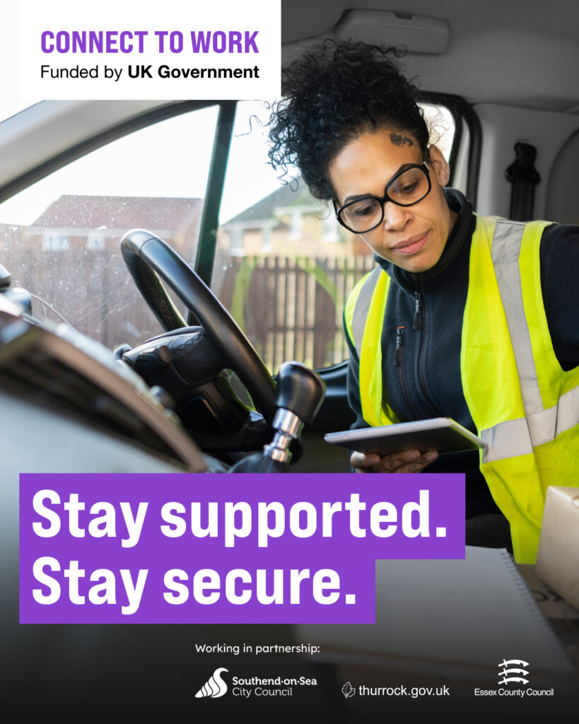 Connect o work image with the text 'stay supported. stay secure'