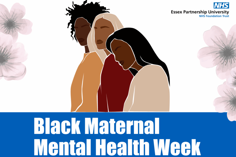 Graphic of three black women, pink flowers and the text on a blue background, 'black maternal mental health week