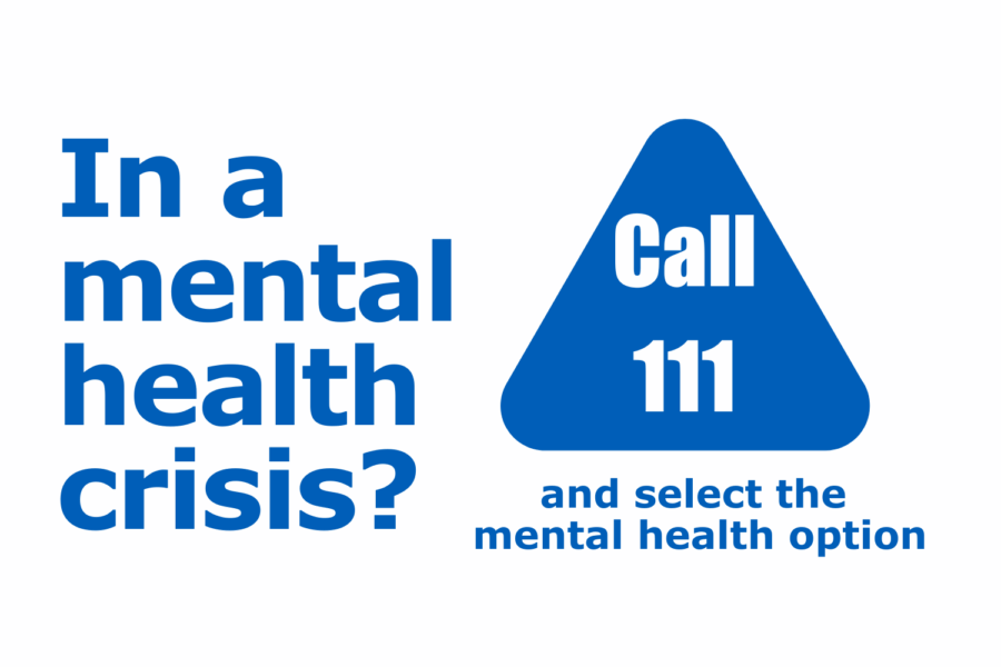 In a mental health crisis text. Blue triangle with call 111 text, underneath it says and select the mental health option