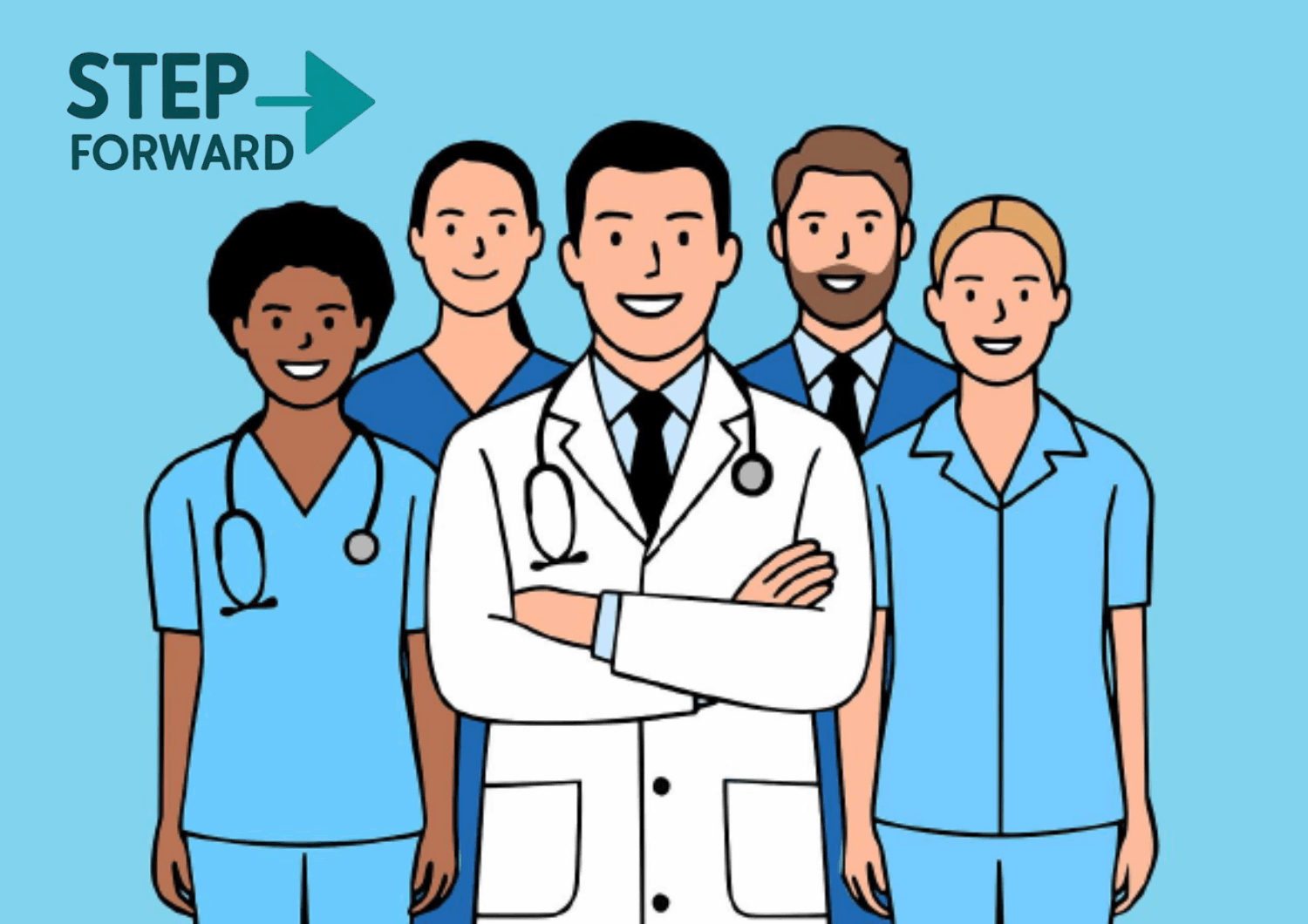 Step forward image. Animated imaged with doctors and nurses