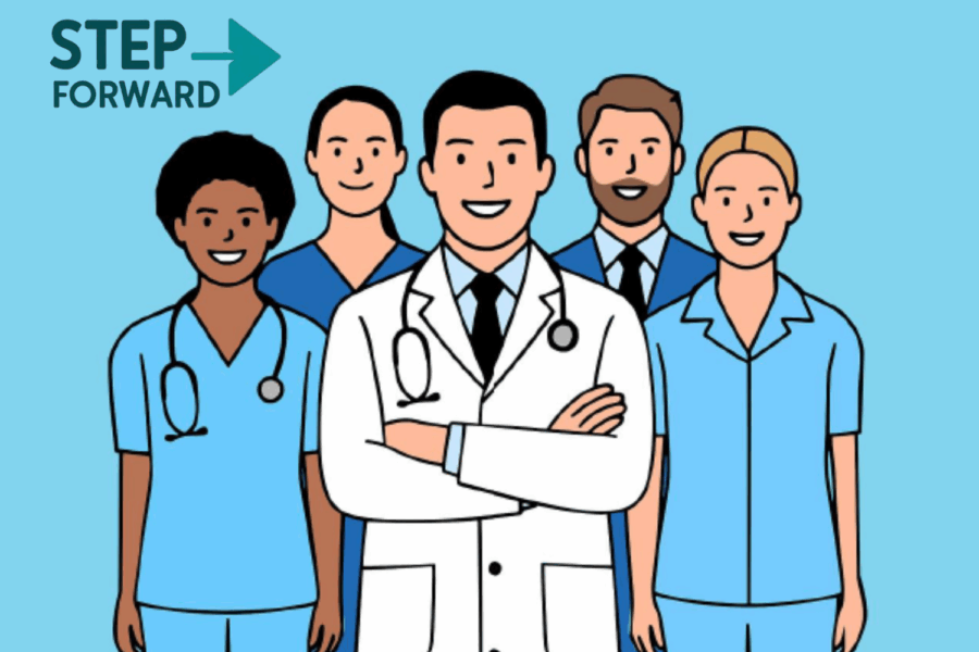 Step forward image. Animated imaged with doctors and nurses