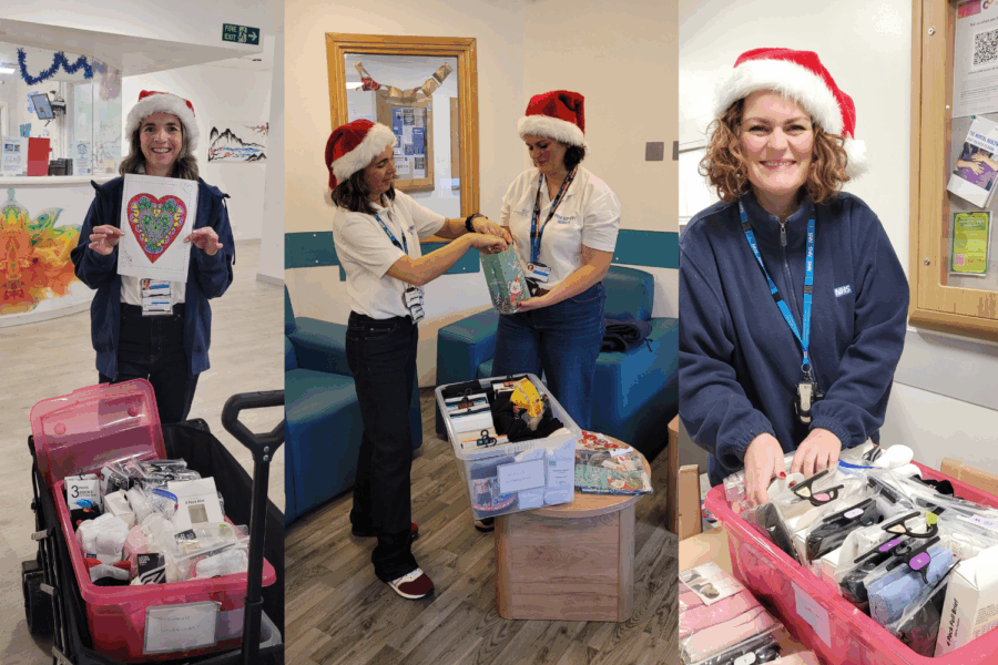 Amanda Crossley and Charlotte Spooner preparing to give patients on inpatient wards new underwear.