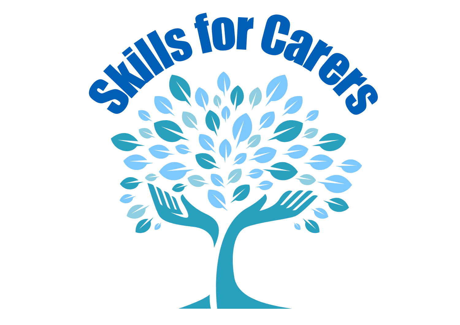Skills for carers text with hands and leaves representing representing a tree.