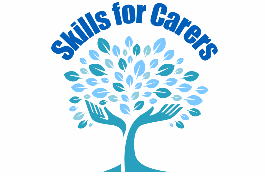 Skills for carers text with hands and leaves representing representing a tree.