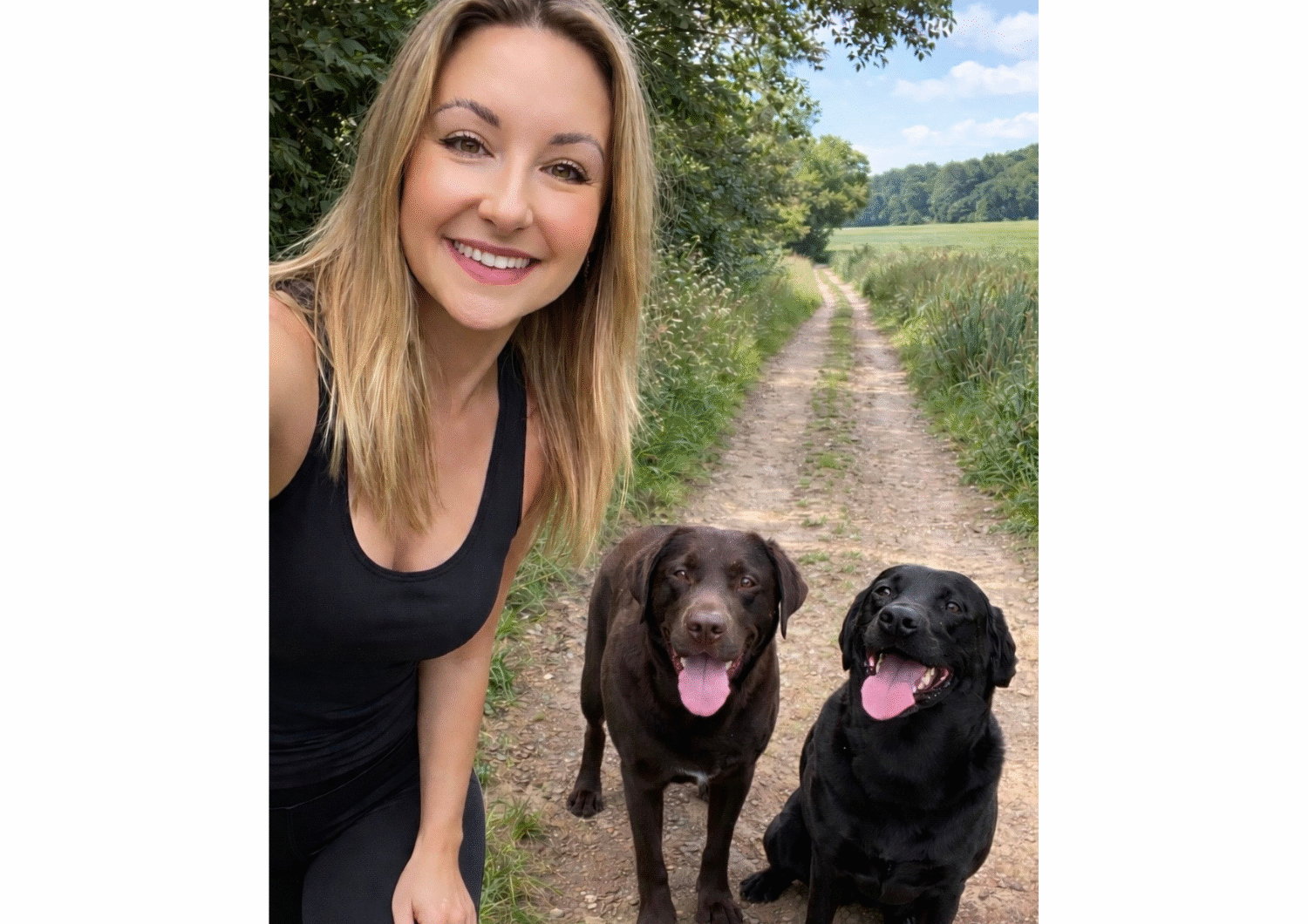 Photograph of Hannah smiling at the camera, with her two dogs.