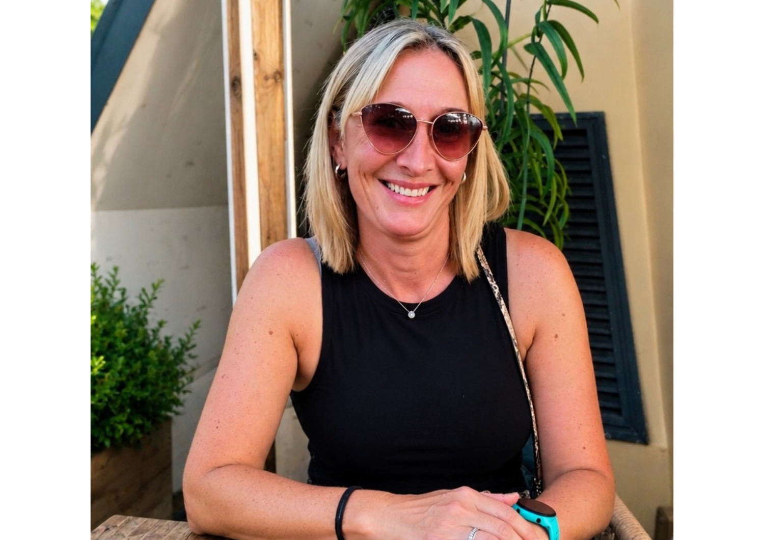 Portrait of EPUT medical secretary Sarah Parker smiling outdoors while wearing sunglasses and a black sleeveless top.