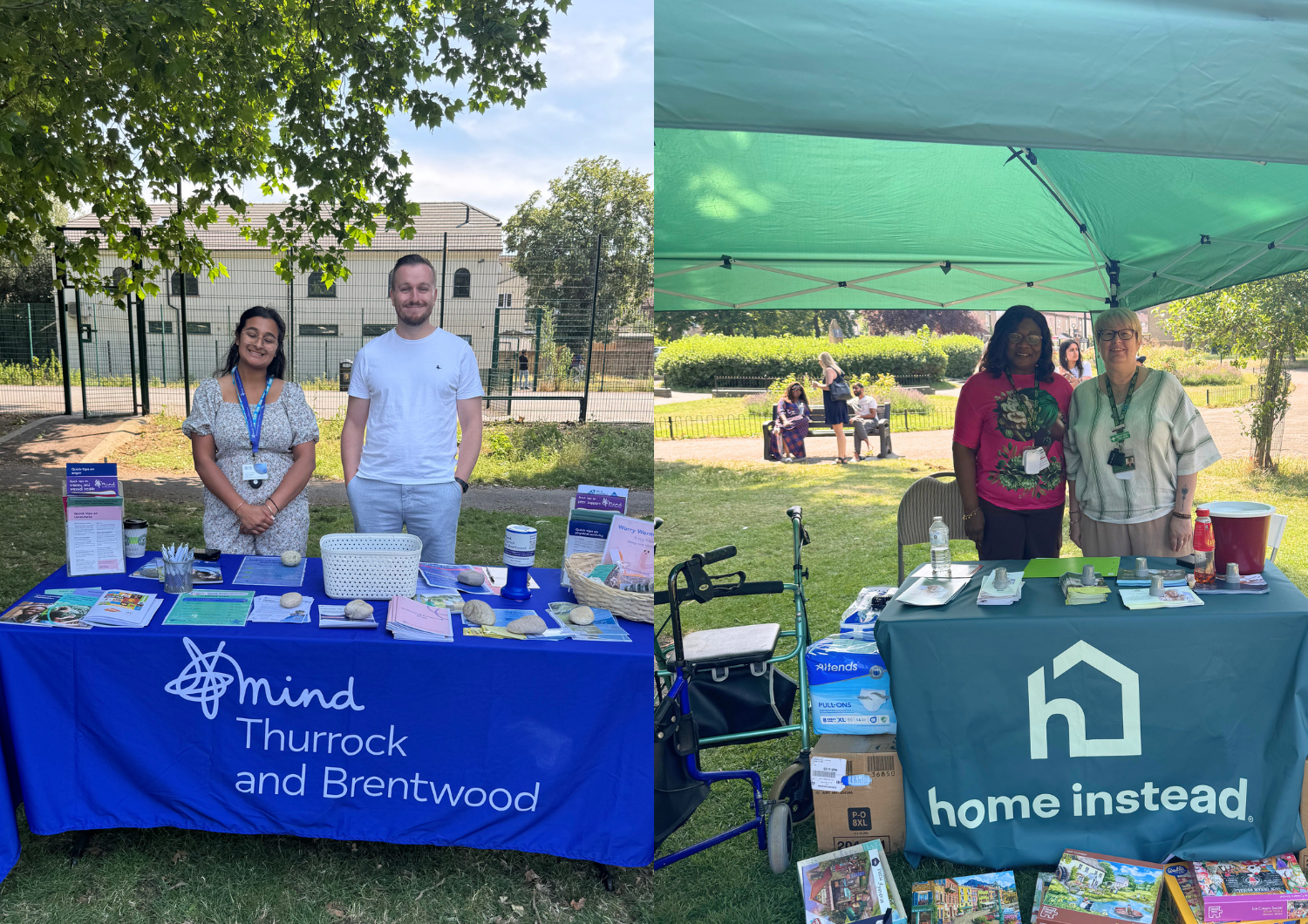 Side-by-side photos of information stalls at an outdoor wellbeing event: the left shows representatives at a 