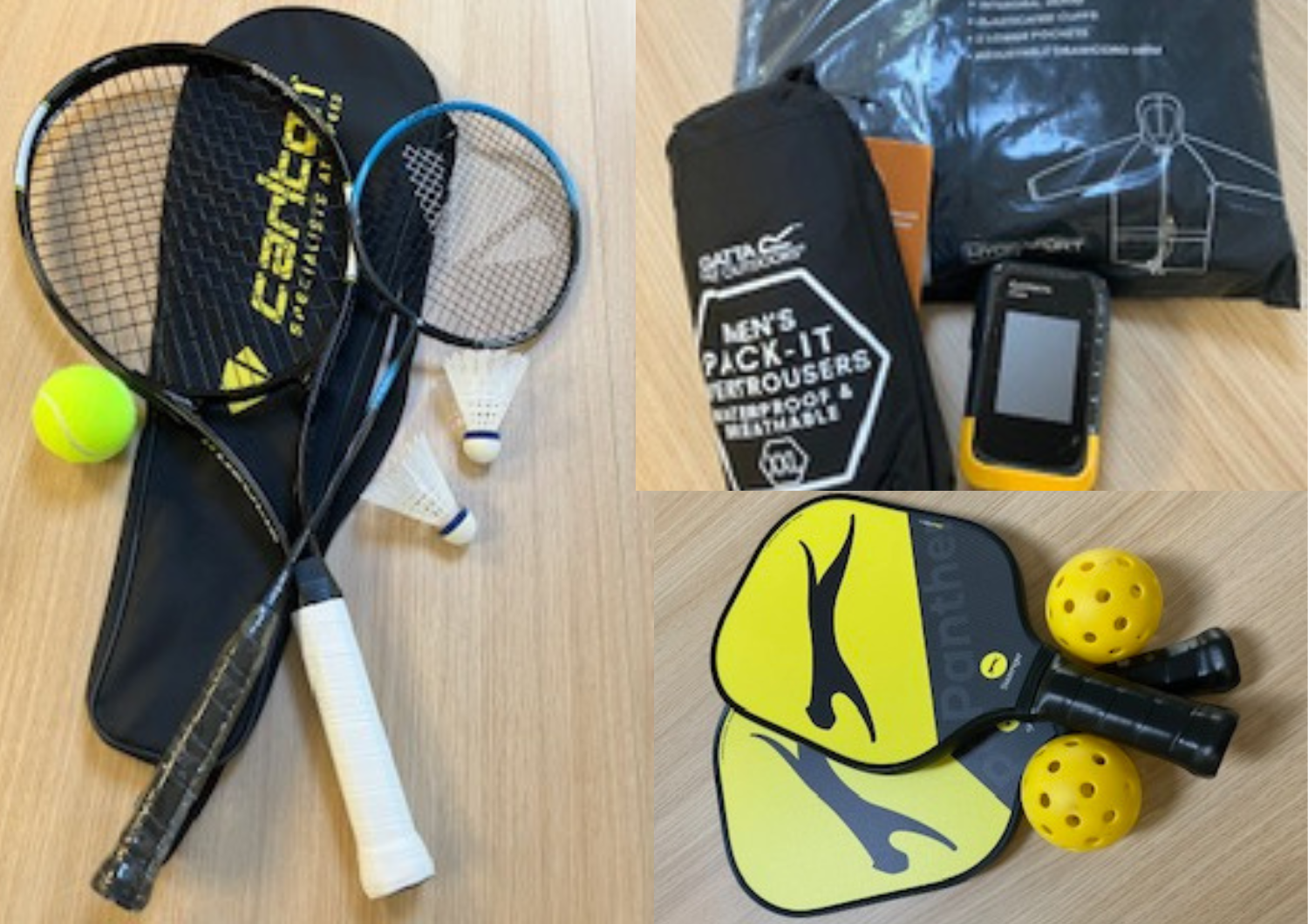 A collage showing sports equipment, including badminton rackets with shuttles, outdoor waterproof clothing with a GPS device, and pickleball paddles with yellow perforated balls.