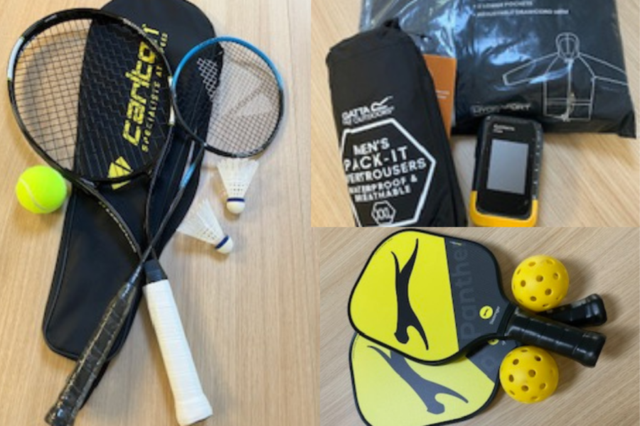 A collage showing sports equipment, including badminton rackets with shuttles, outdoor waterproof clothing with a GPS device, and pickleball paddles with yellow perforated balls.
