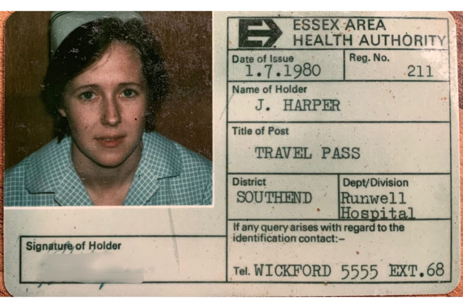 An identification badge card for the "Essex Area Health Authority" featuring a portrait photograph of a woman wearing a collared uniform on the left side.