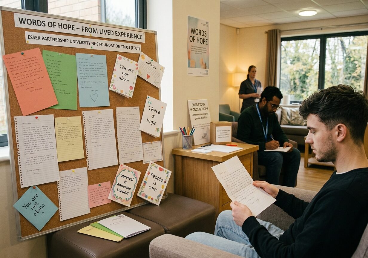 A young man reads a handwritten letter next to a bulletin board filled with 