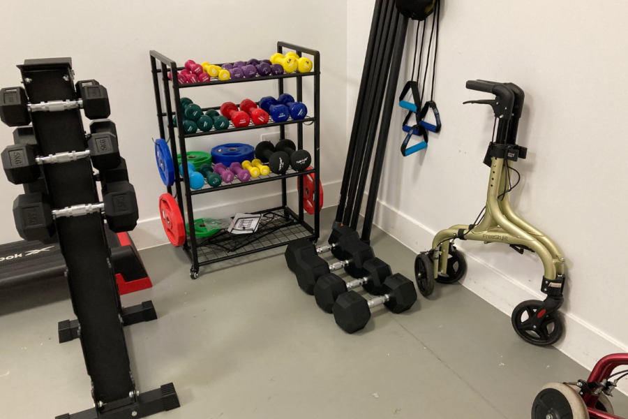 New rehabilitation gym equipment including dumbbells, weight racks, and walking aids at St Margaret's Hospital in Epping.
