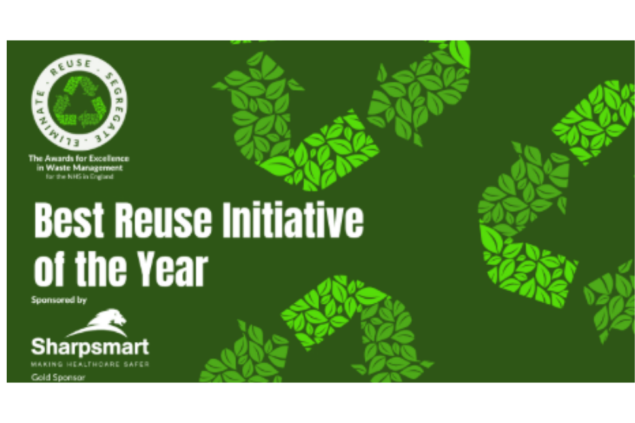 Green promotional banner displaying the text "Best Reuse Initiative of the Year" with the circular "Eliminate, Reuse, Segregate" logo and Sharpsmart gold sponsor branding.