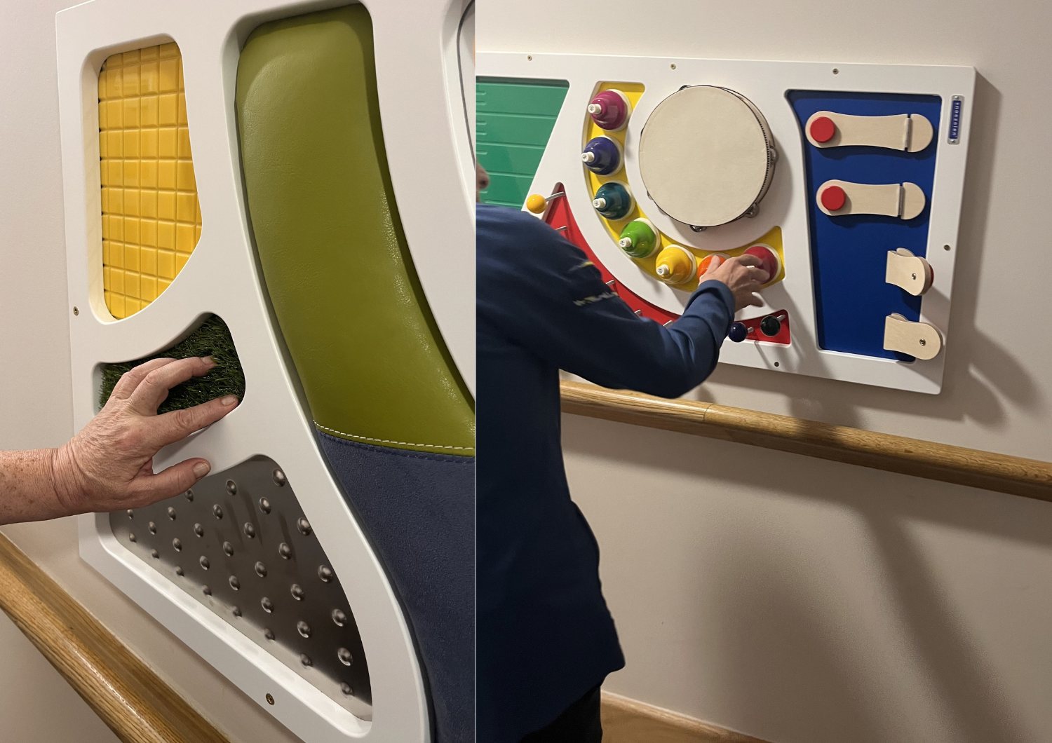 Left side: A tactile panel featuring sections with different textures, including yellow tiles, soft green padding, faux grass, and a metallic surface with raised studs. A hand is reaching out to touch the faux grass section. Right side: An interactive musical panel featuring colorful bells, a mini tambourine, switches, and buttons. A person in a blue long-sleeved shirt is shown interacting with the red button under the bells.