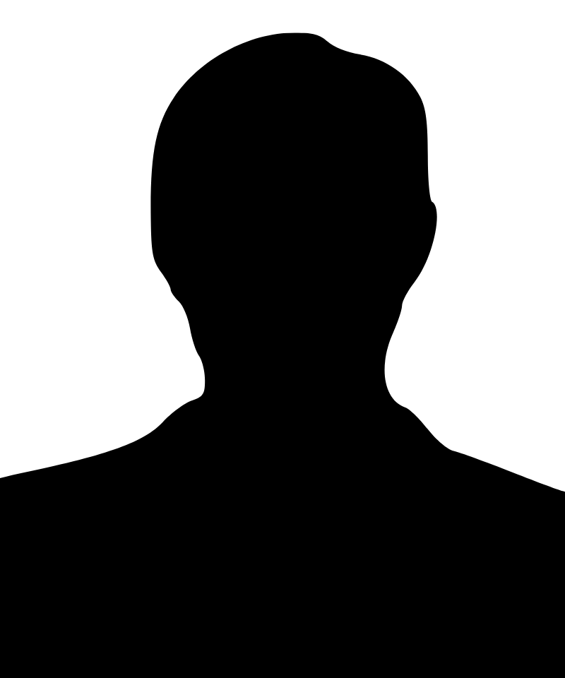 A solid black silhouette of a man's head and shoulders set against a white background, showing the subtle contours of short hair and a neck.