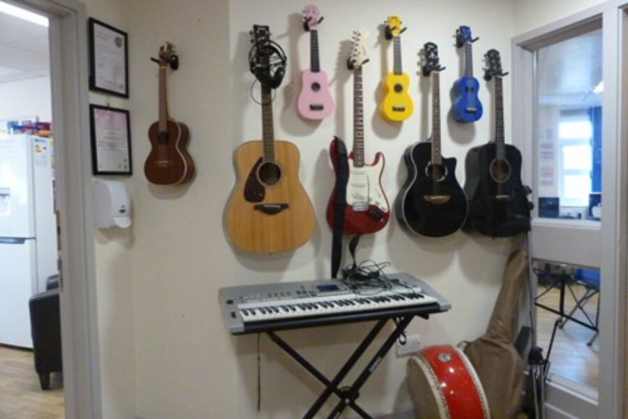 Music room with guitars on the wall and a keyboard