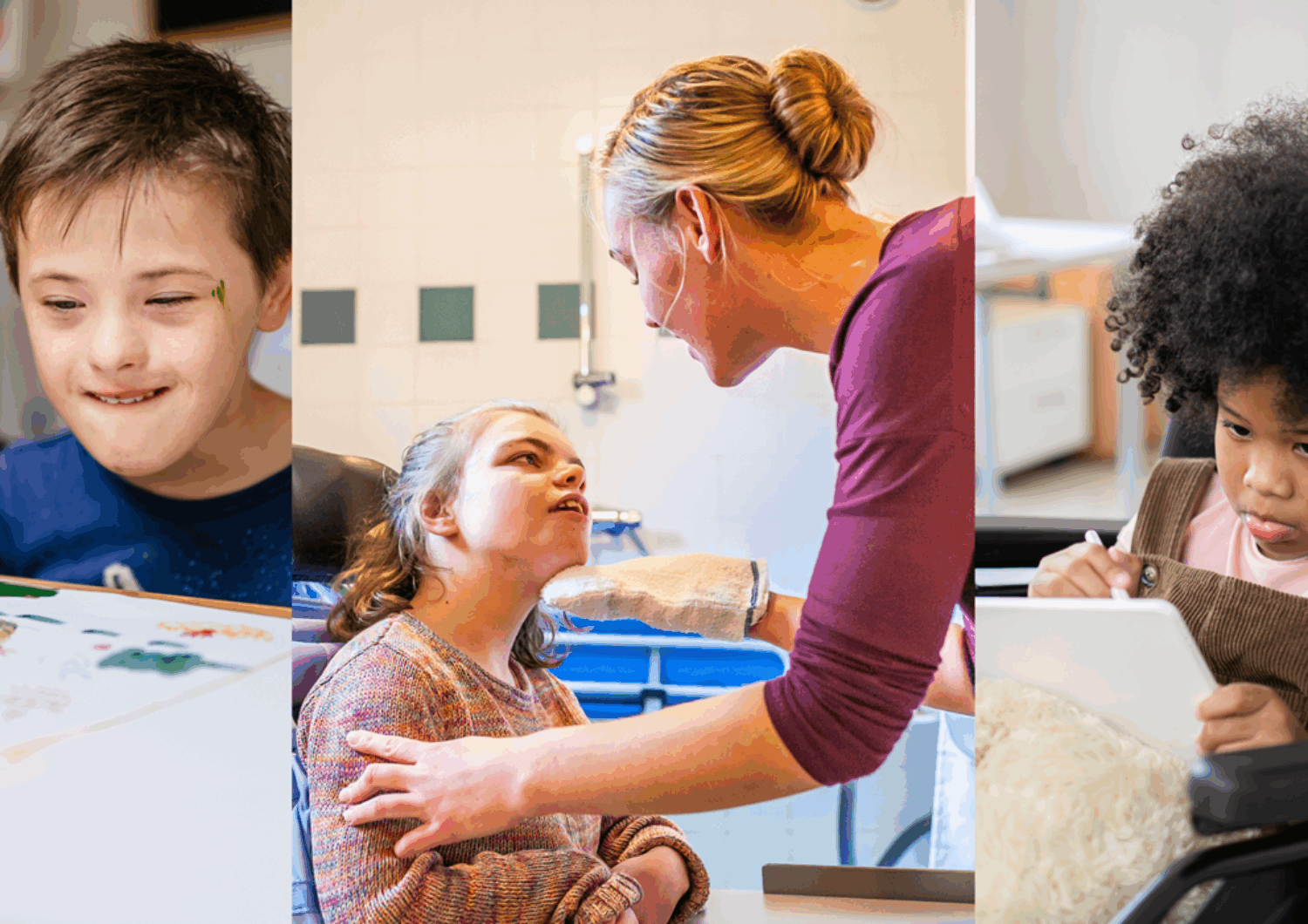 Three-panel image showing inclusive care for children with disabilities: On the left, a young boy with Down syndrome paints with a caregiver; in the center, a healthcare worker gently interacts with a girl; and on the right, a young girl uses a tablet while seated in a wheelchair.