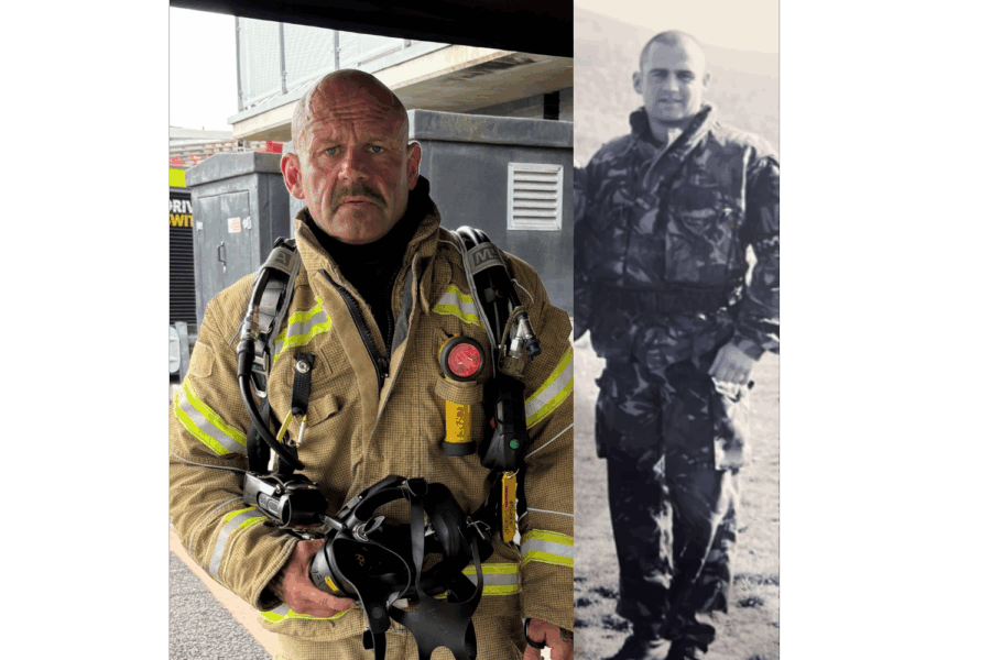 Photo of Steve Plunkeet in his fireman and Royal Marine uniform