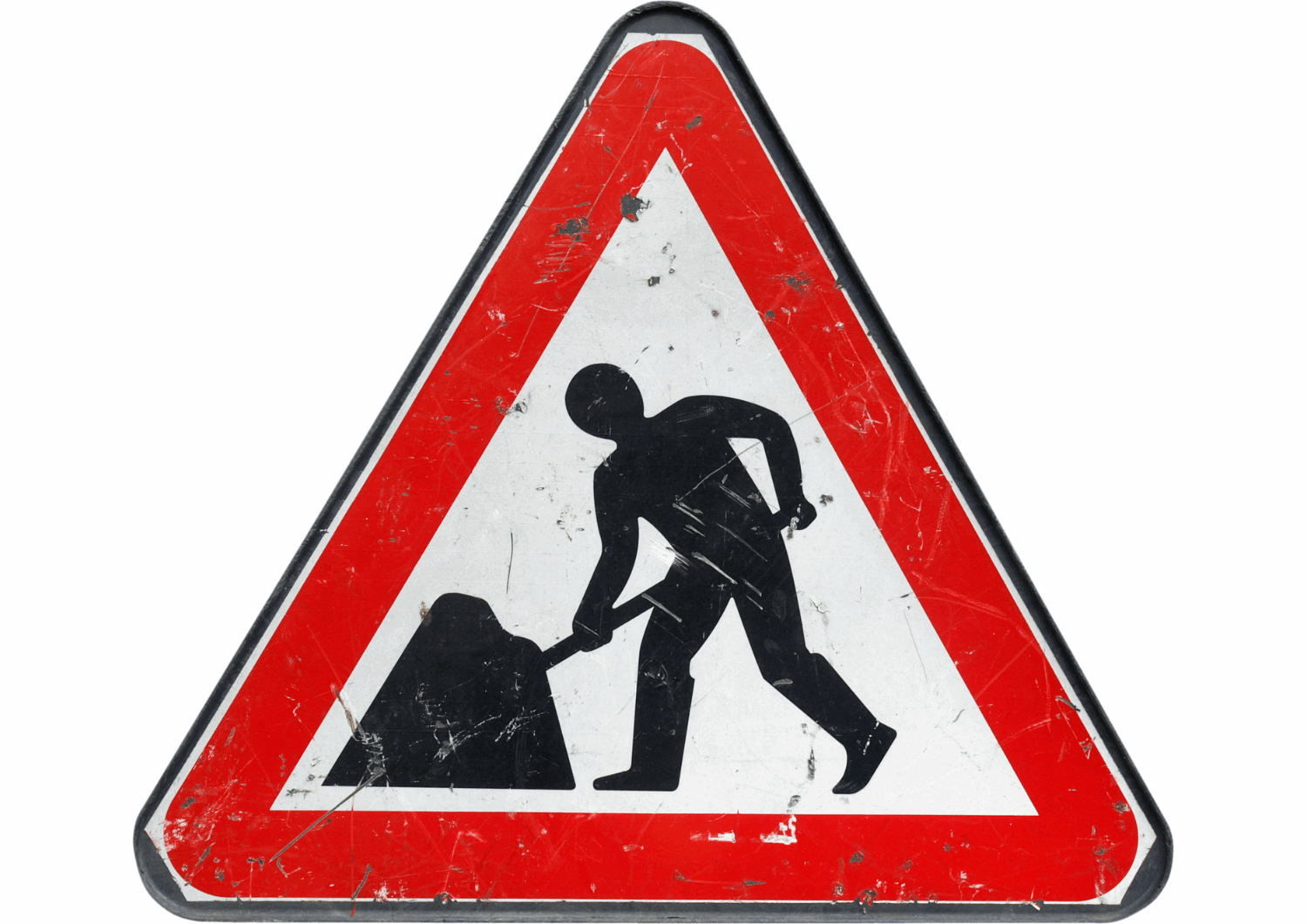 Triangle with a red border and an image of a stick man digging to represent roadworks in progress.
